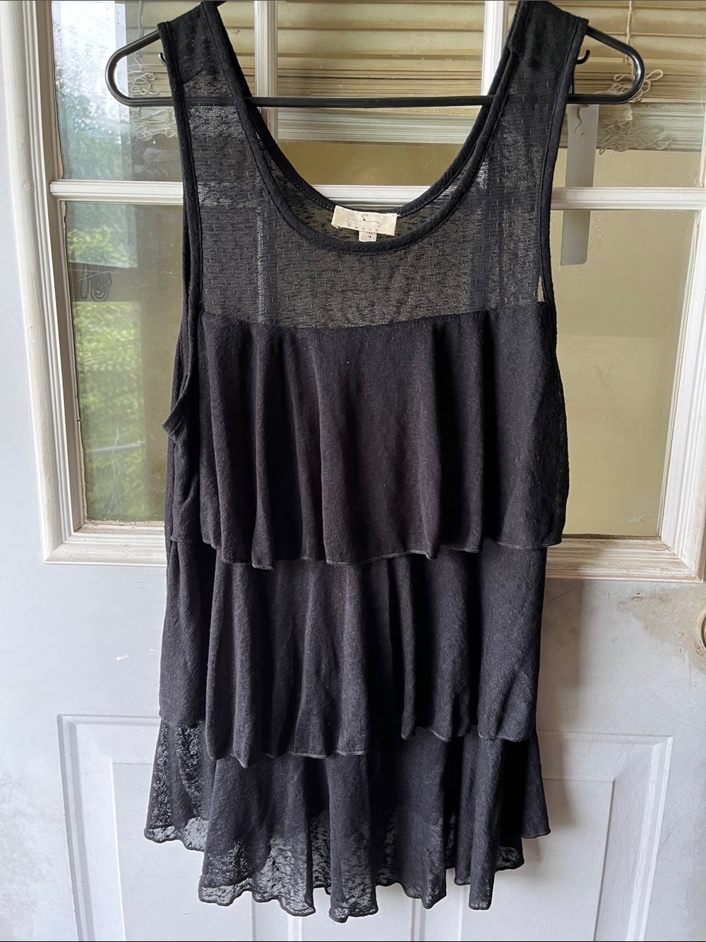 Black Tiered Sleeveless Tank Top with Sheer Yoke